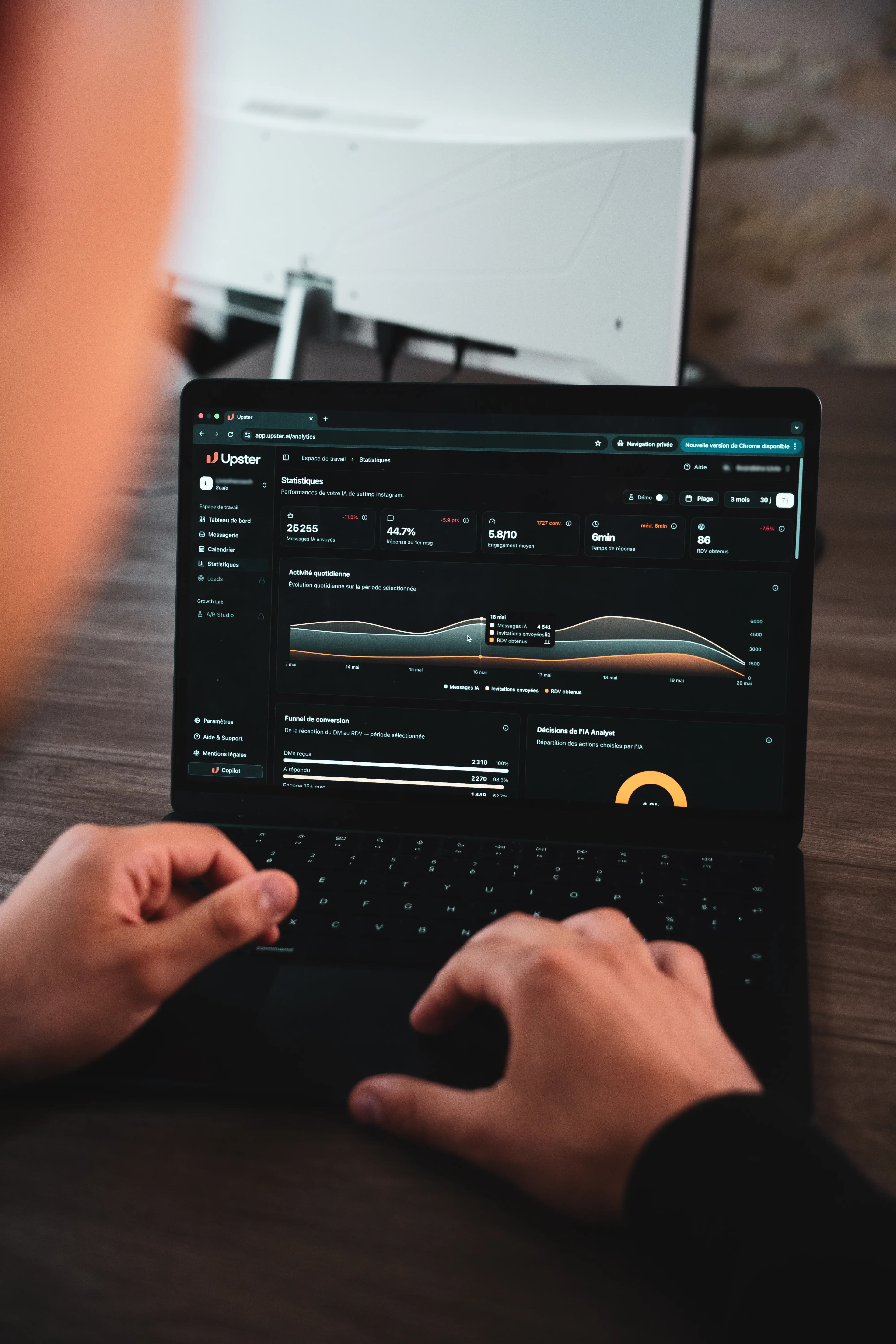 Dashboard Upster affichant les statistiques du setter IA en temps réel